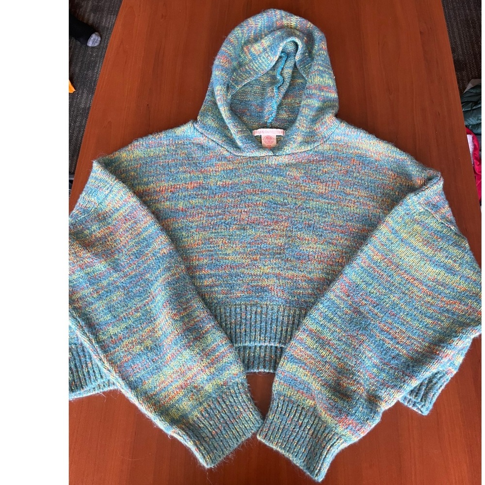 Urban Outfitters Space Dye Knit Hoodie Sweater Cropped Teal Multi Color Medium